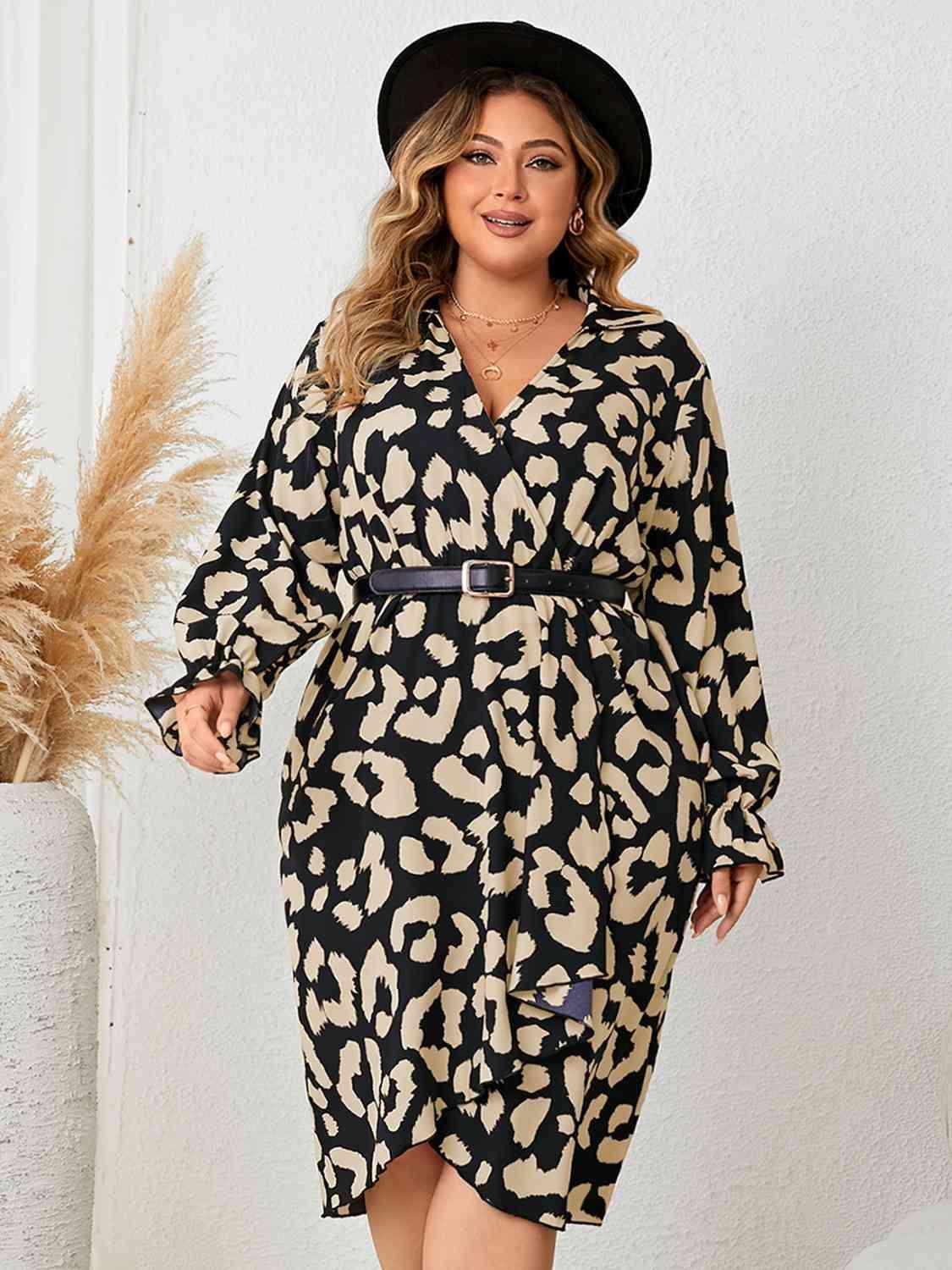 Be Attentive Flounce Sleeve Plus Size Leopard Dress - MXSTUDIO.COM