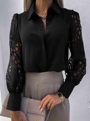 a woman wearing a black shirt and grey skirt