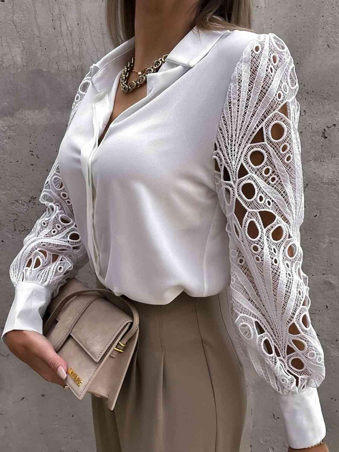 a woman wearing a white blouse and tan pants