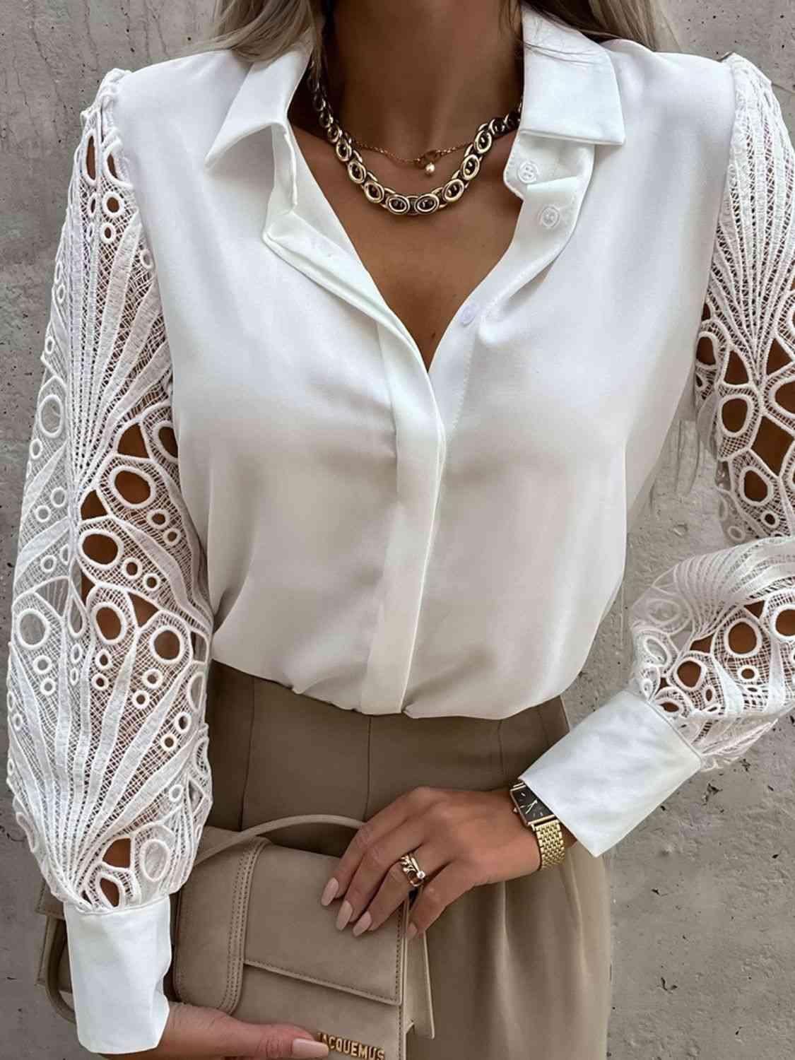 a woman wearing a white blouse and tan pants