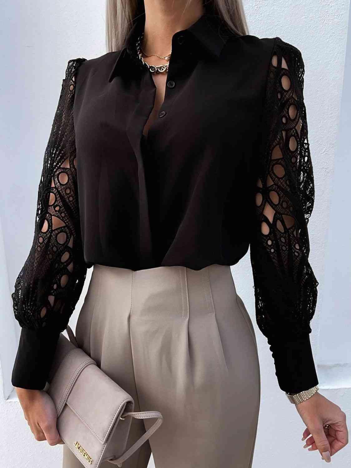 a woman wearing a black shirt and beige pants