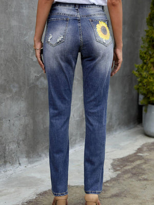 Be Inspired Sunflower Print High Waist Jeans - MXSTUDIO.COM