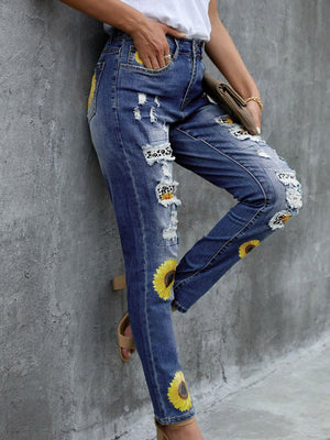 Be Inspired Sunflower Print High Waist Jeans - MXSTUDIO.COM