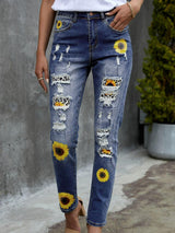 Be Inspired Sunflower Print High Waist Jeans - MXSTUDIO.COM