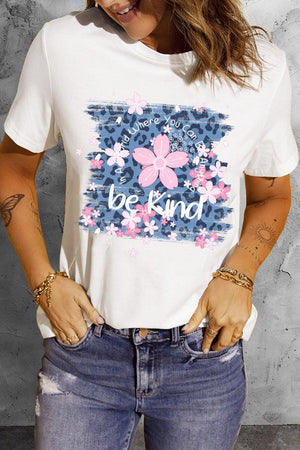 Be Kind Leopard Floral White Graphic Tee Shirt - MXSTUDIO.COM