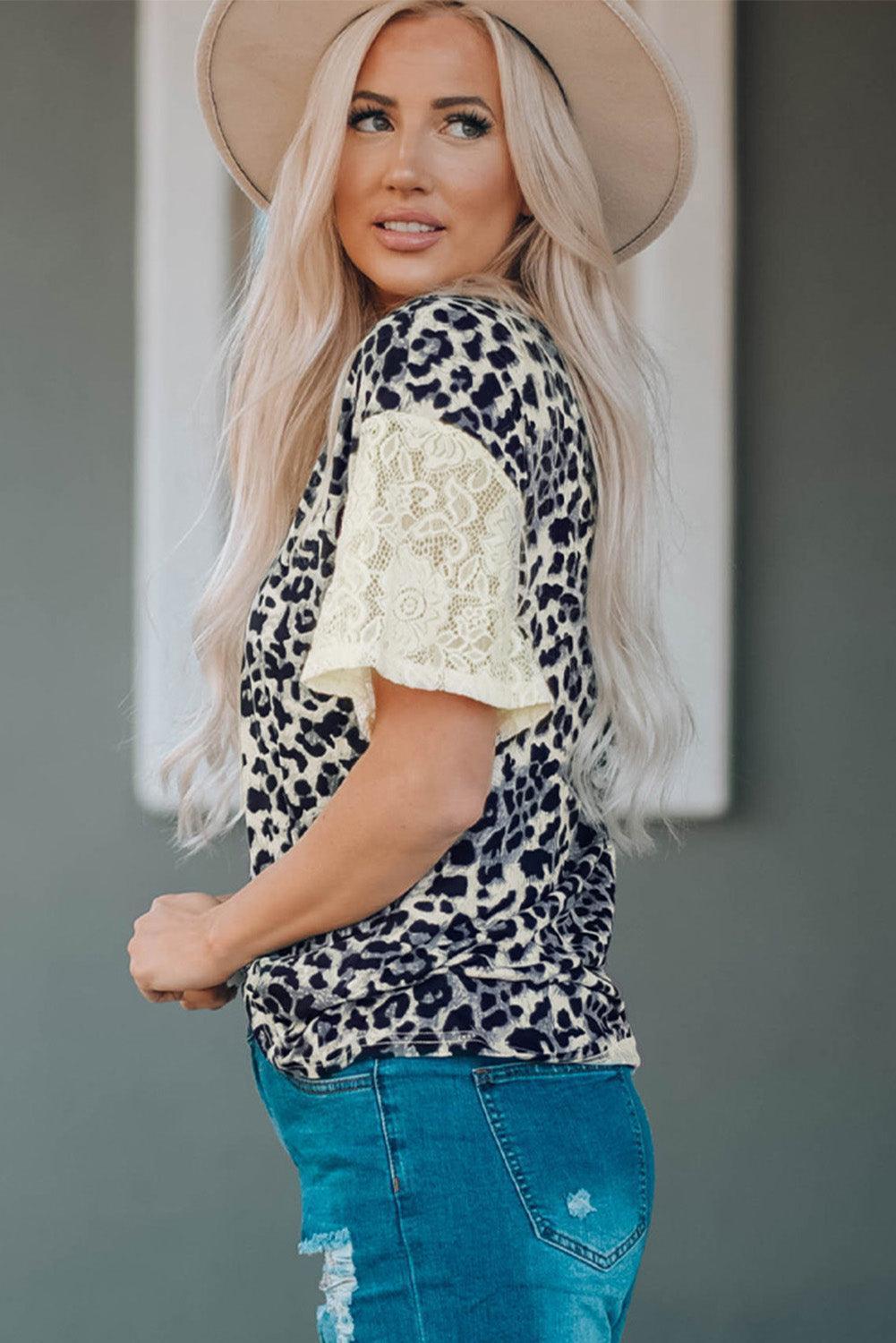 Be Merry Leopard Print Lace Sleeve Tee - MXSTUDIO.COM