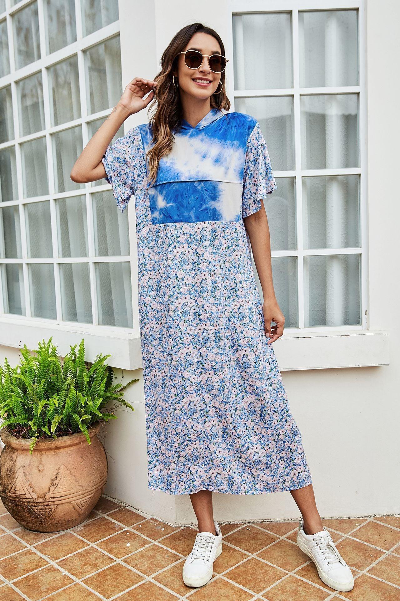 Be On Style Floral Tie-Dye Hooded Midi Dress - MXSTUDIO.COM