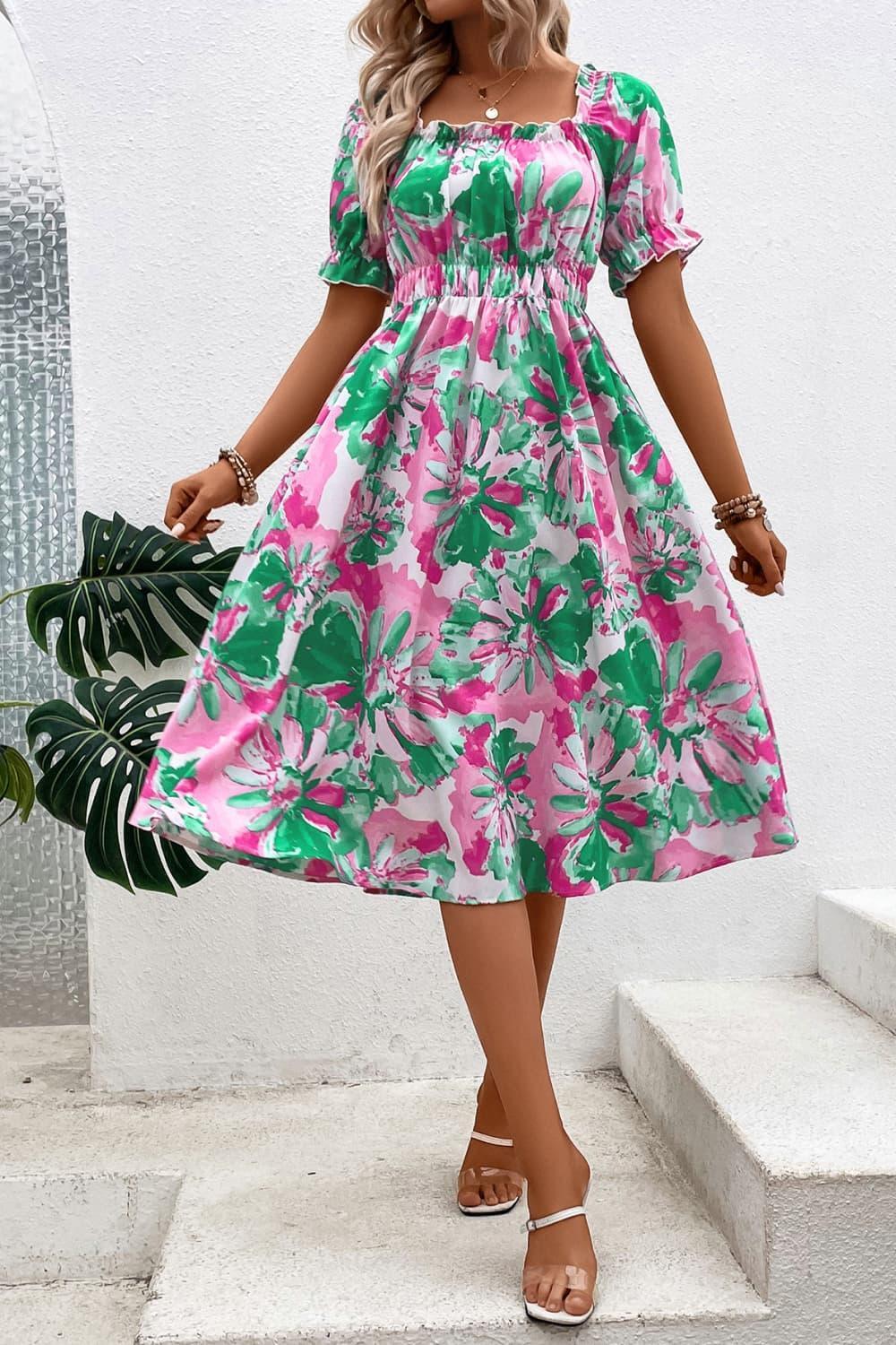 Be The Brightest Square Neck Floral Midi Dress - MXSTUDIO.COM