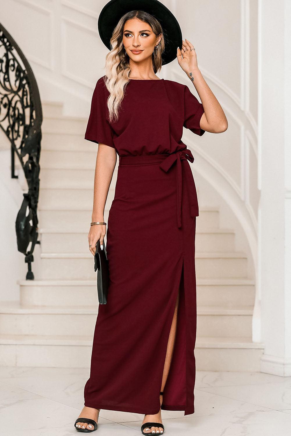 Be the Highlight Belted High Slit Maxi Dress - MXSTUDIO.COM