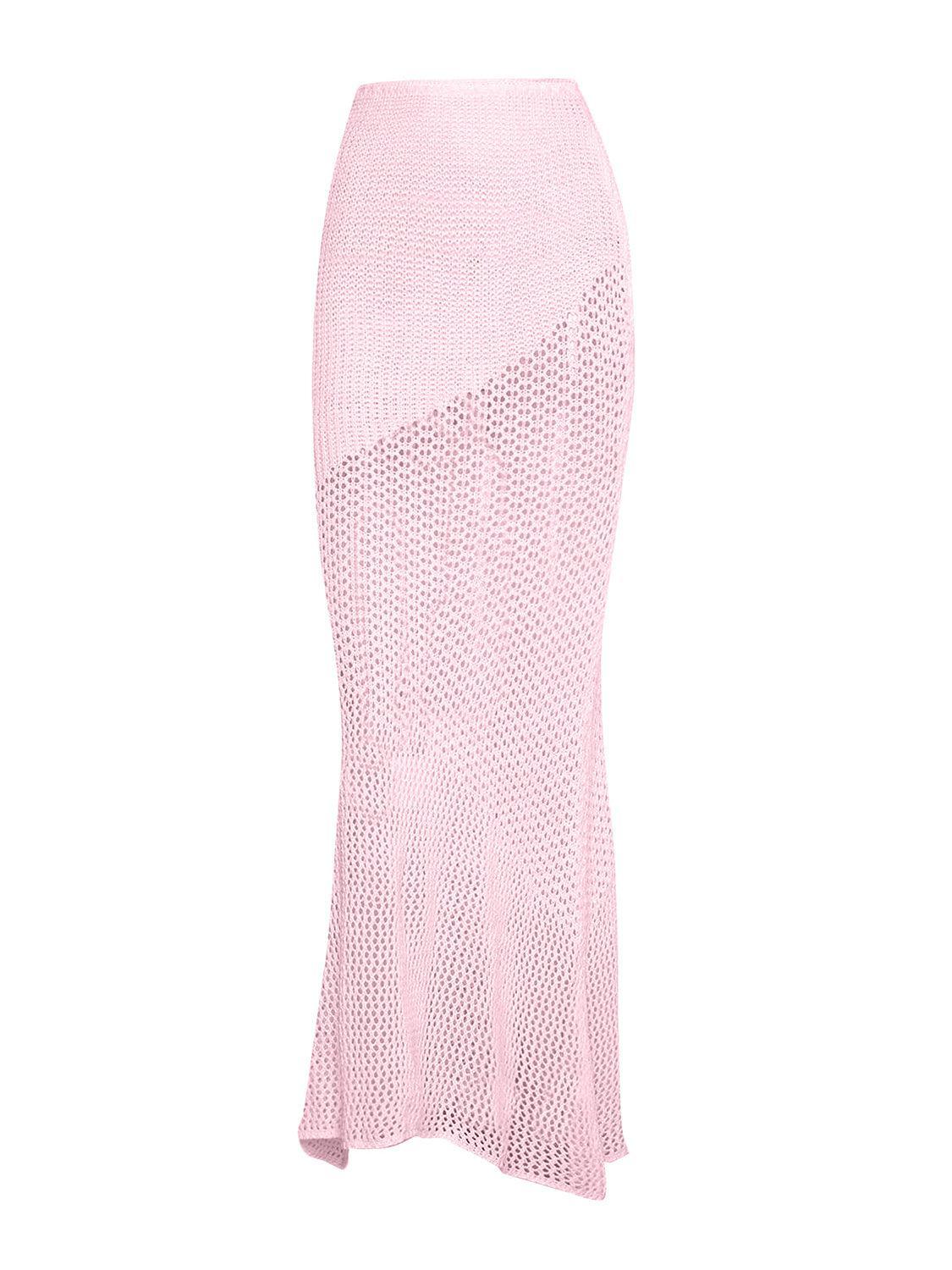 a pink knitted skirt with a high slit