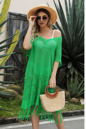 Beach Bum V-Neck Fringe Hem Knit Cover Up - MXSTUDIO.COM