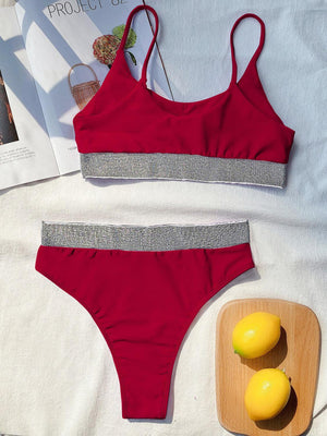 a woman's red and grey bikinisuit next to lemons