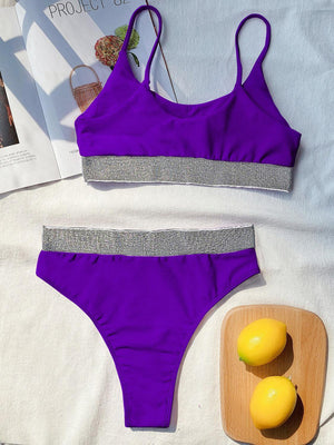 a woman's purple bikinisuit and a lemon on a table