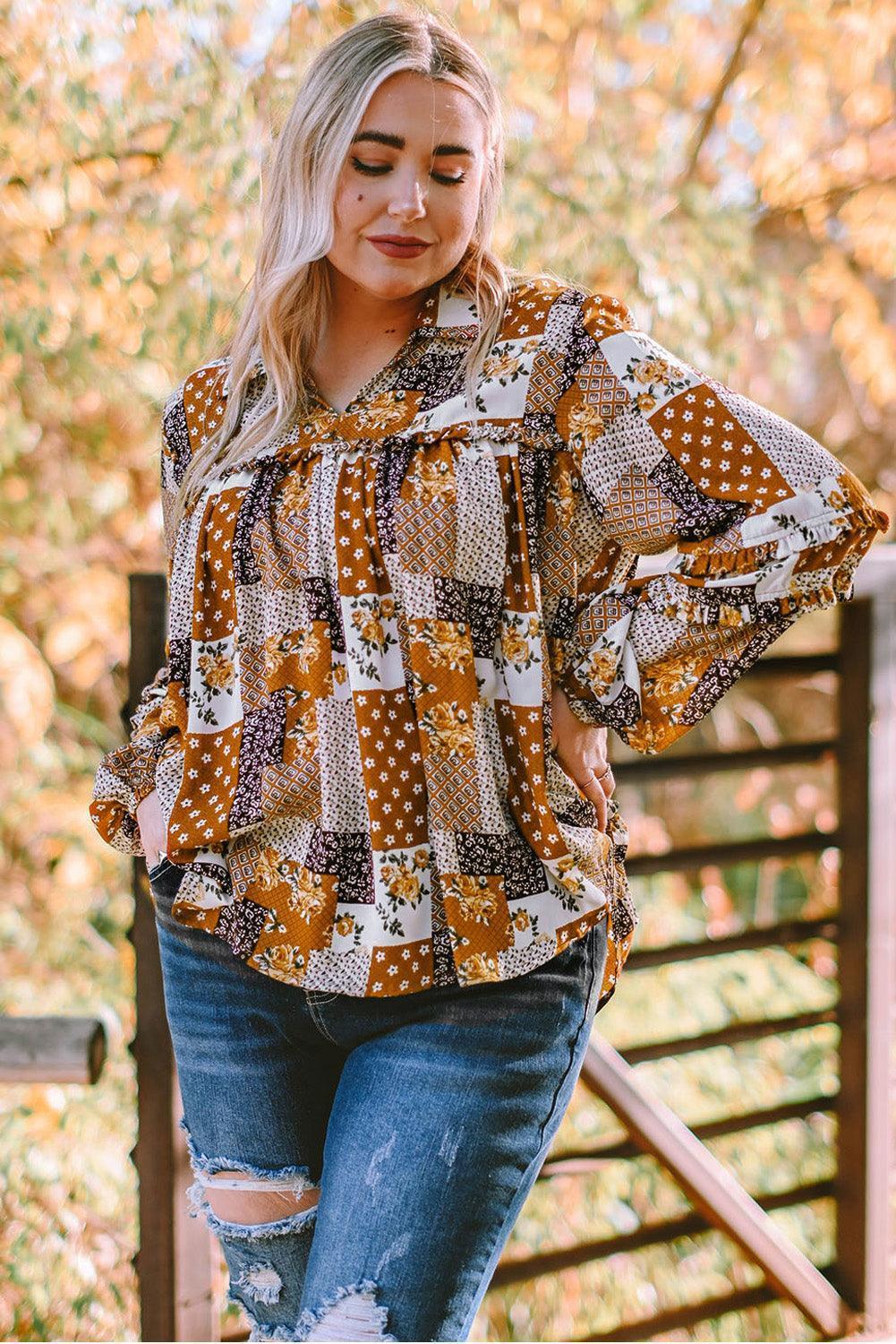 Beaming Apricot Plus Size Balloon Long Sleeve Blouse - MXSTUDIO.COM