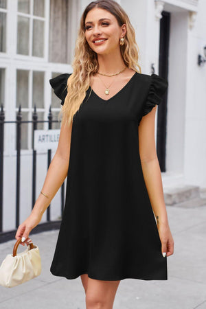 Beaming V-Neck Ruffled Flutter Sleeve Mini Dress - MXSTUDIO.COM