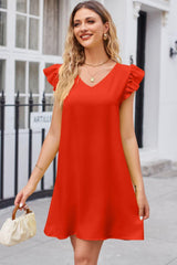 Beaming V-Neck Ruffled Flutter Sleeve Mini Dress - MXSTUDIO.COM