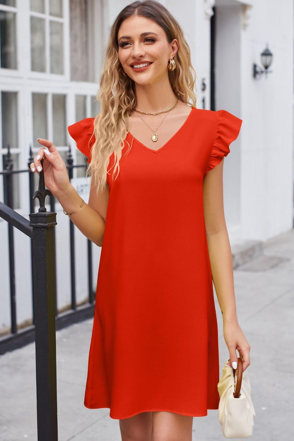 Beaming V-Neck Ruffled Flutter Sleeve Mini Dress - MXSTUDIO.COM