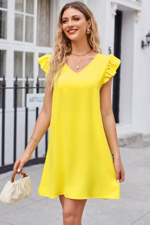 Beaming V-Neck Ruffled Flutter Sleeve Mini Dress - MXSTUDIO.COM