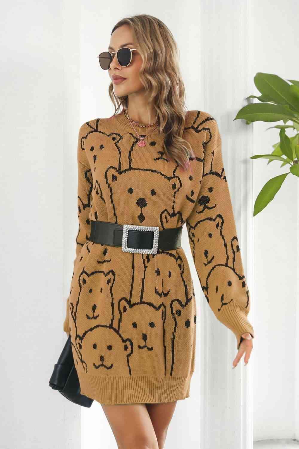 Bear Pattern Ribbed Knit Sweater Dress - MXSTUDIO.COM