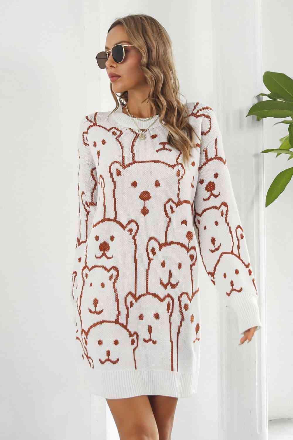 Bear Pattern Ribbed Knit Sweater Dress - MXSTUDIO.COM