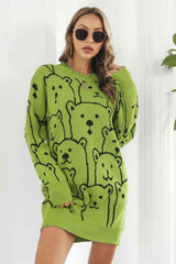 Bear Pattern Ribbed Knit Sweater Dress - MXSTUDIO.COM