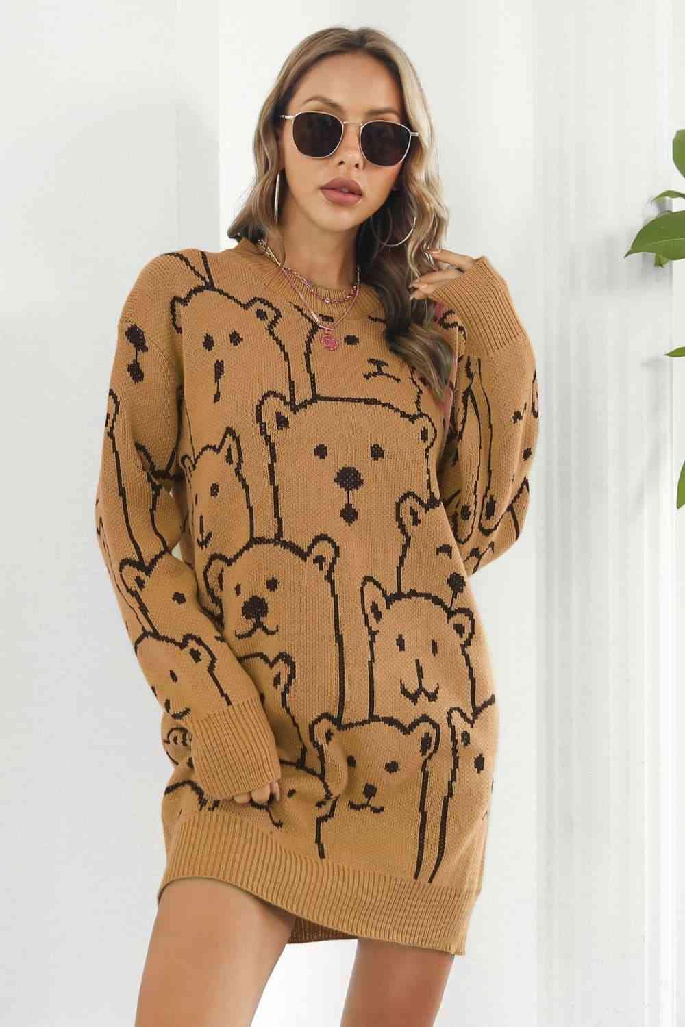 Bear Pattern Ribbed Knit Sweater Dress - MXSTUDIO.COM