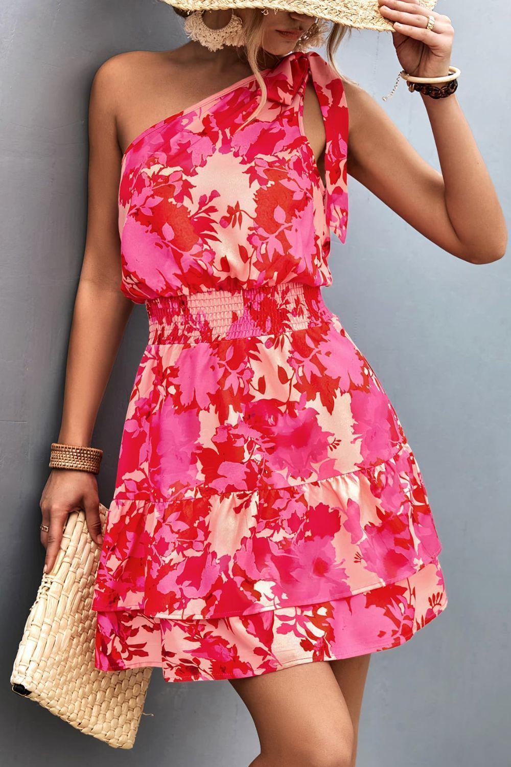 Beauteous Ruffle Floral One Shoulder Mini Dress - MXSTUDIO.COM