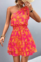 Beauteous Ruffle Floral One Shoulder Mini Dress - MXSTUDIO.COM