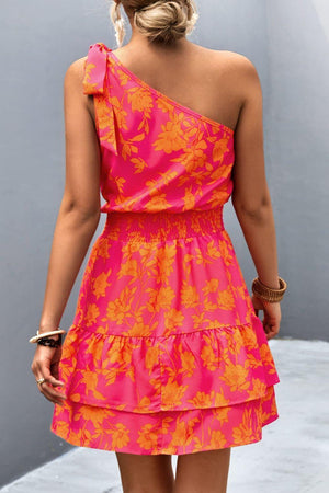 Beauteous Ruffle Floral One Shoulder Mini Dress - MXSTUDIO.COM