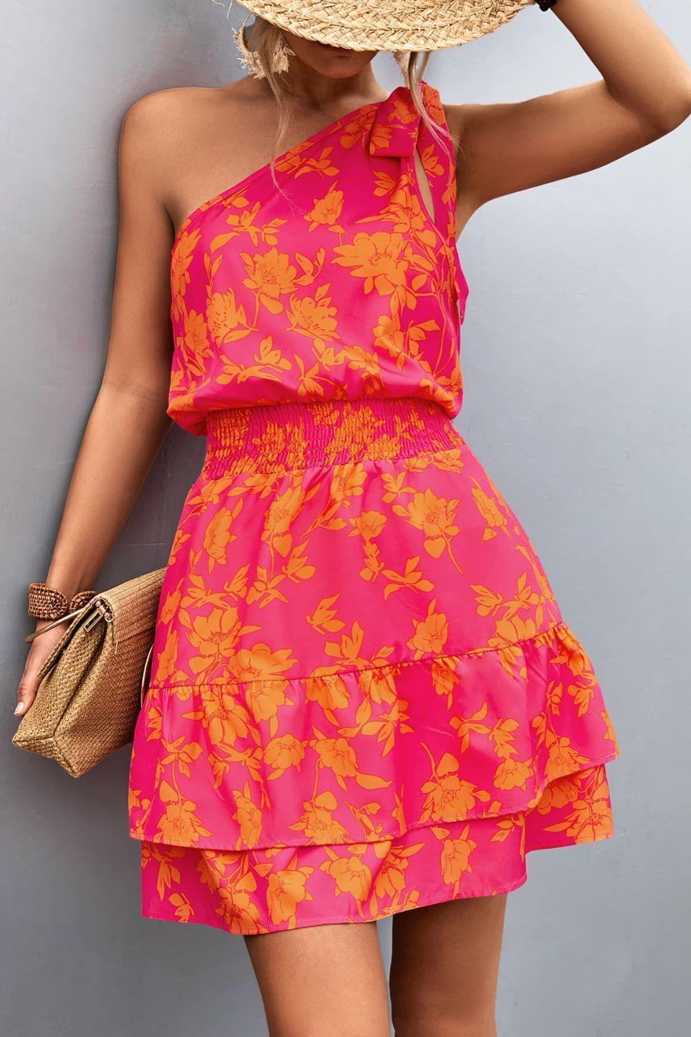 Beauteous Ruffle Floral One Shoulder Mini Dress - MXSTUDIO.COM