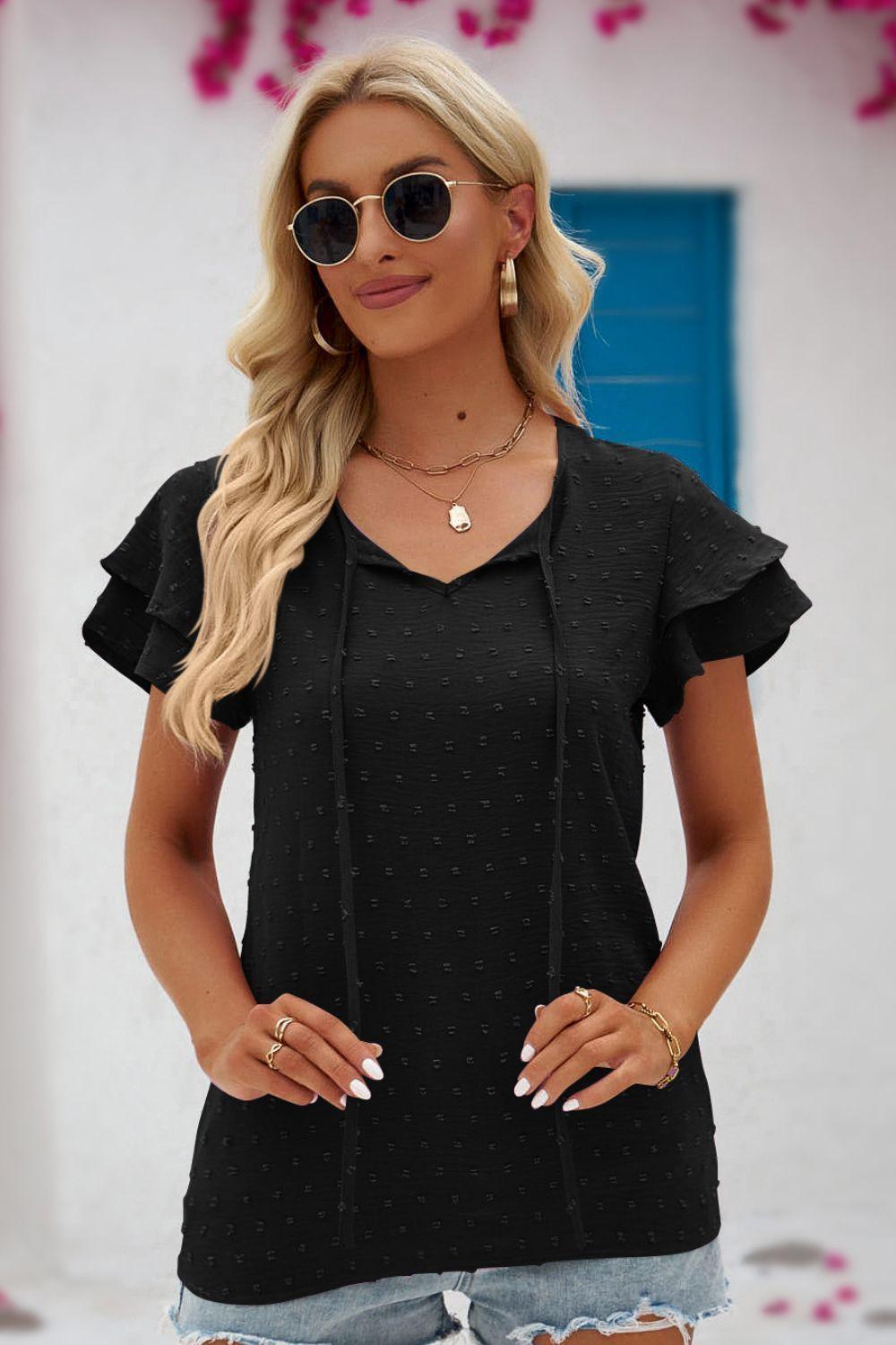 Beautiful Mindset Flutter Sleeve Tie Neck Blouse - MXSTUDIO.COM