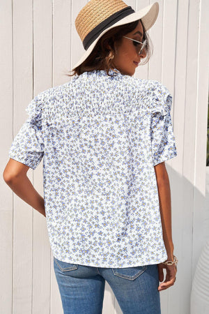 Beautiful Ruffle Shoulder Floral V Neck Blouse - MXSTUDIO.COM