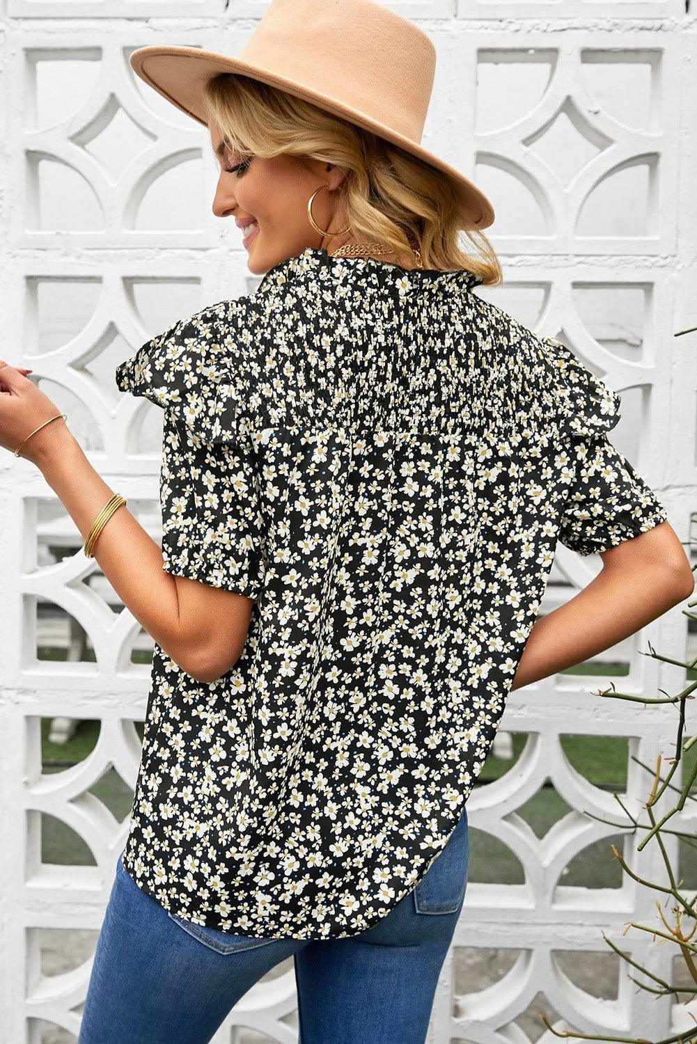 Beautiful Ruffle Shoulder Floral V Neck Blouse - MXSTUDIO.COM