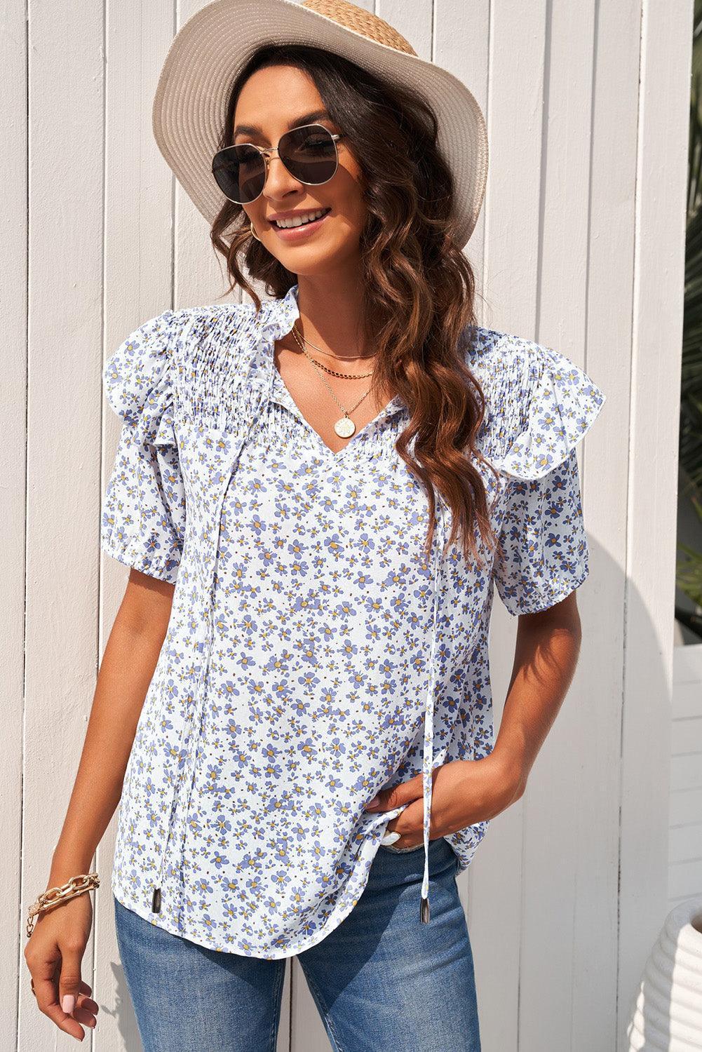 Beautiful Ruffle Shoulder Floral V Neck Blouse - MXSTUDIO.COM