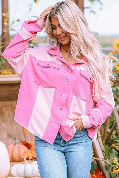 Beautifully Comfy Color Block Pink Shacket-MXSTUDIO.COM