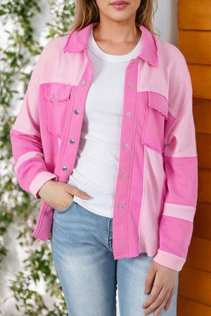 Beautifully Comfy Color Block Pink Shacket-MXSTUDIO.COM