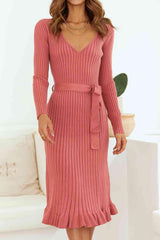 Beauty And Grace V Neck Long Sleeve Sweater Dress-MXSTUDIO.COM