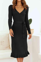 Beauty And Grace V Neck Long Sleeve Sweater Dress-MXSTUDIO.COM