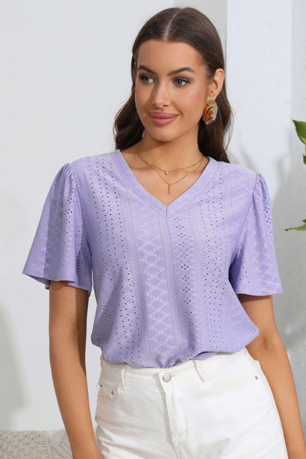 Beauty In Simplicity V Neck Short Sleeve Blouse - MXSTUDIO.COM