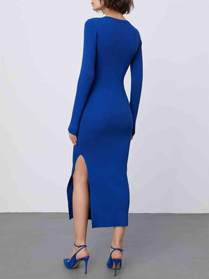 Beguiling Warmth Long Sleeve Knit Slit Sweater Dress-MXSTUDIO.COM