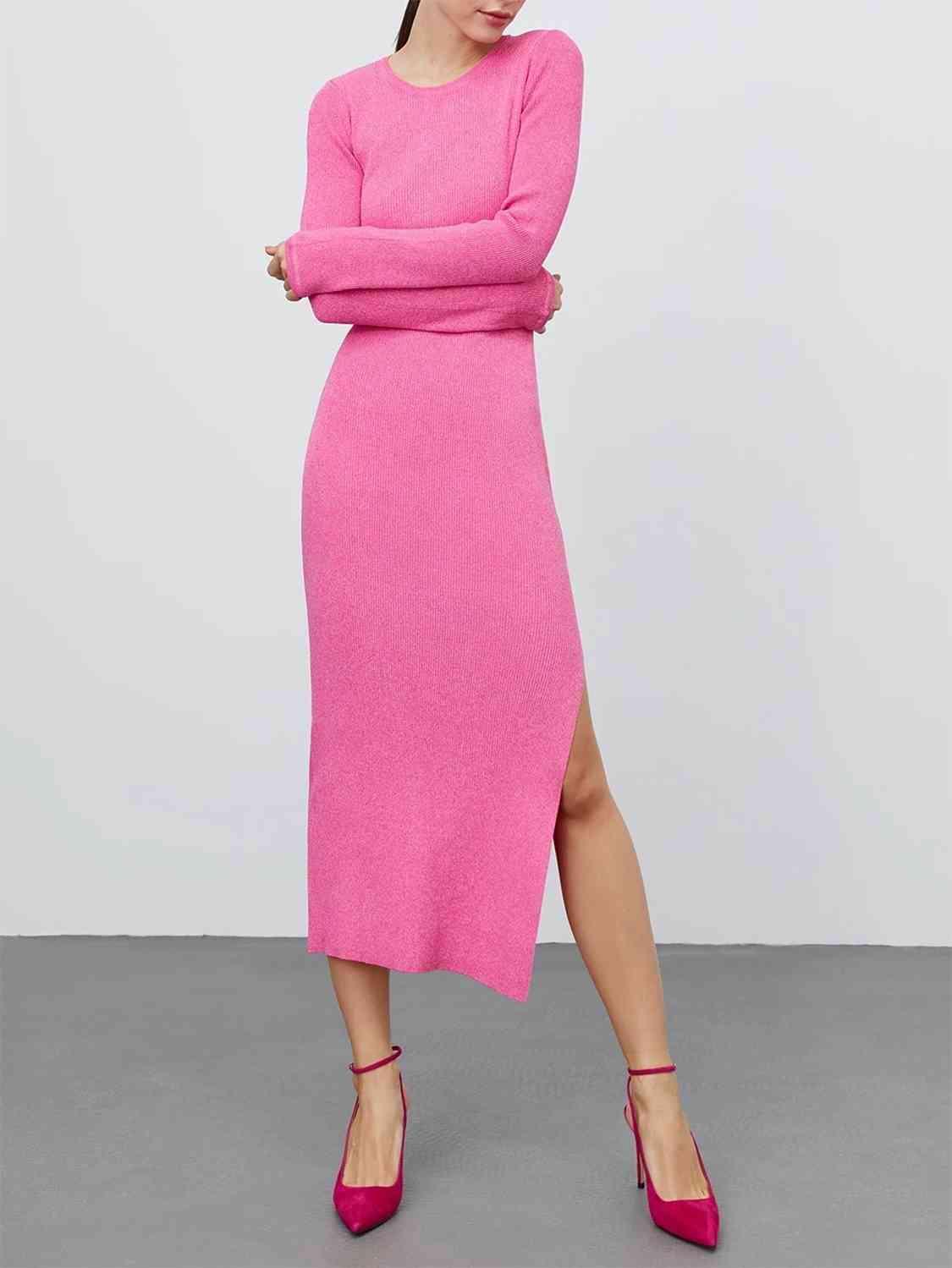 Beguiling Warmth Long Sleeve Knit Slit Sweater Dress-MXSTUDIO.COM