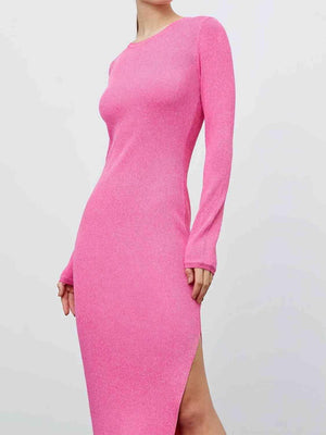 Beguiling Warmth Long Sleeve Knit Slit Sweater Dress-MXSTUDIO.COM