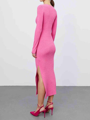 Beguiling Warmth Long Sleeve Knit Slit Sweater Dress-MXSTUDIO.COM