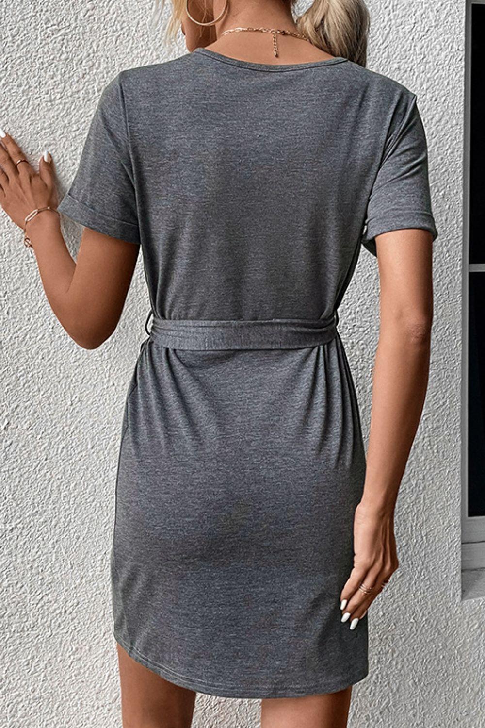 Being Me Is Cool Tie Waist Gray T Shirt Dress - MXSTUDIO.COM