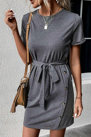 Being Me Is Cool Tie Waist Gray T Shirt Dress - MXSTUDIO.COM