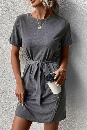 Being Me Is Cool Tie Waist Gray T Shirt Dress - MXSTUDIO.COM