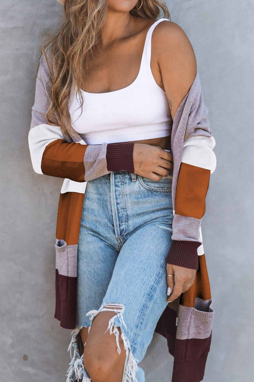 Being Yourself Ribbed Cuff Open Front Color Block Cardigan - MXSTUDIO.COM