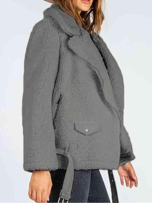 Belted Hem Collared Zip Up Sherpa Jacket-MXSTUDIO.COM