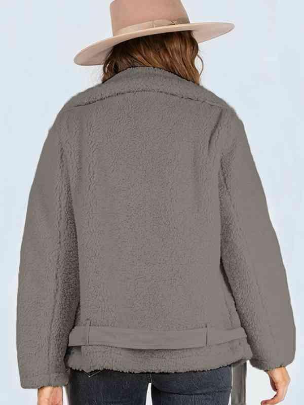 Belted Hem Collared Zip Up Sherpa Jacket-MXSTUDIO.COM