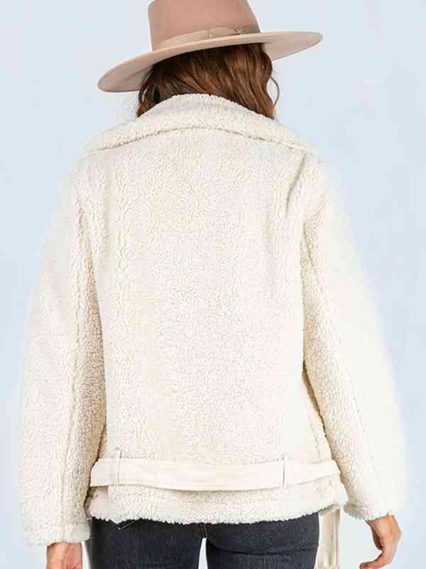 Belted Hem Collared Zip Up Sherpa Jacket-MXSTUDIO.COM